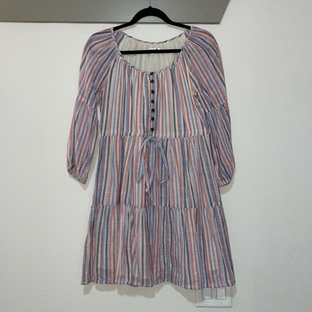 Sundry Stripe Button Front Drawstring Waist Peasant Dress SZ 0/XS EUC